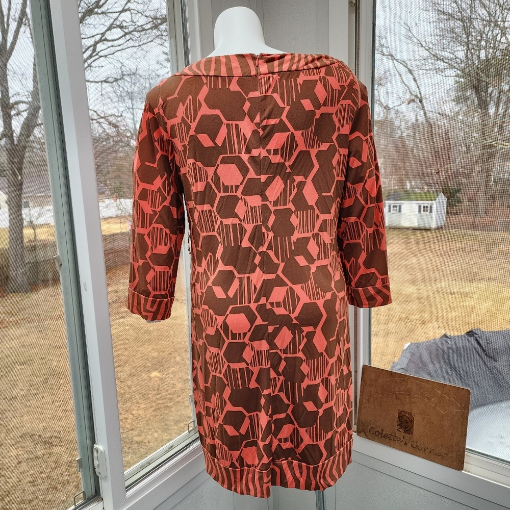 Attention Brown & Coral Geometric Stretch Sheath Dress - Picture 4 of 11